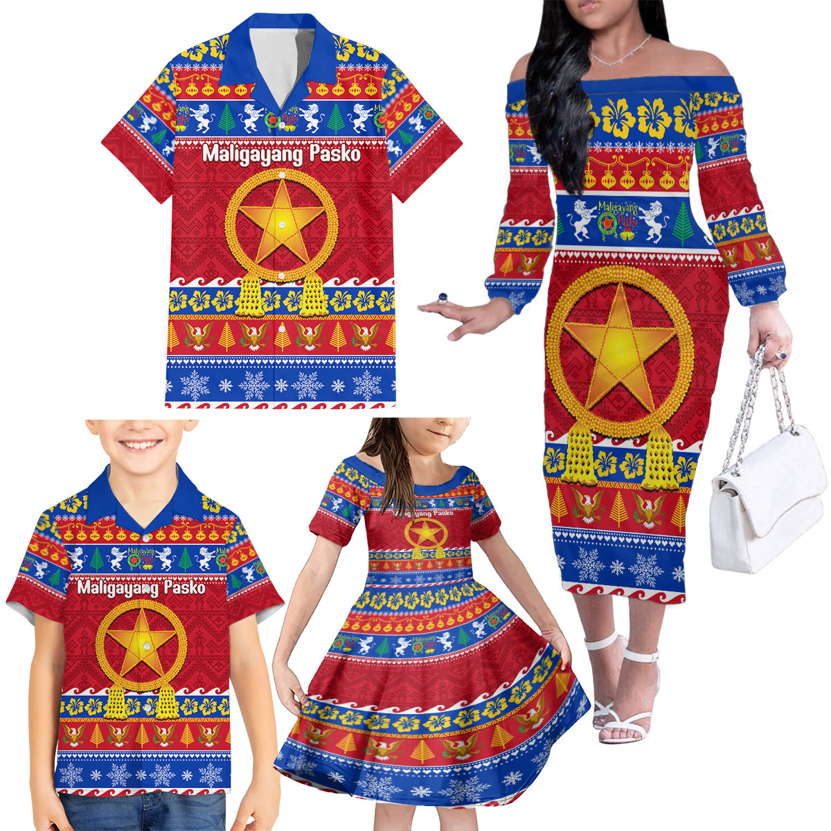 Custom Philippines Christmas Family Matching Off Shoulder Long Sleeve Dress and Hawaiian Shirt Filipino Parol Maligayang Pasko - Wonder Print Shop