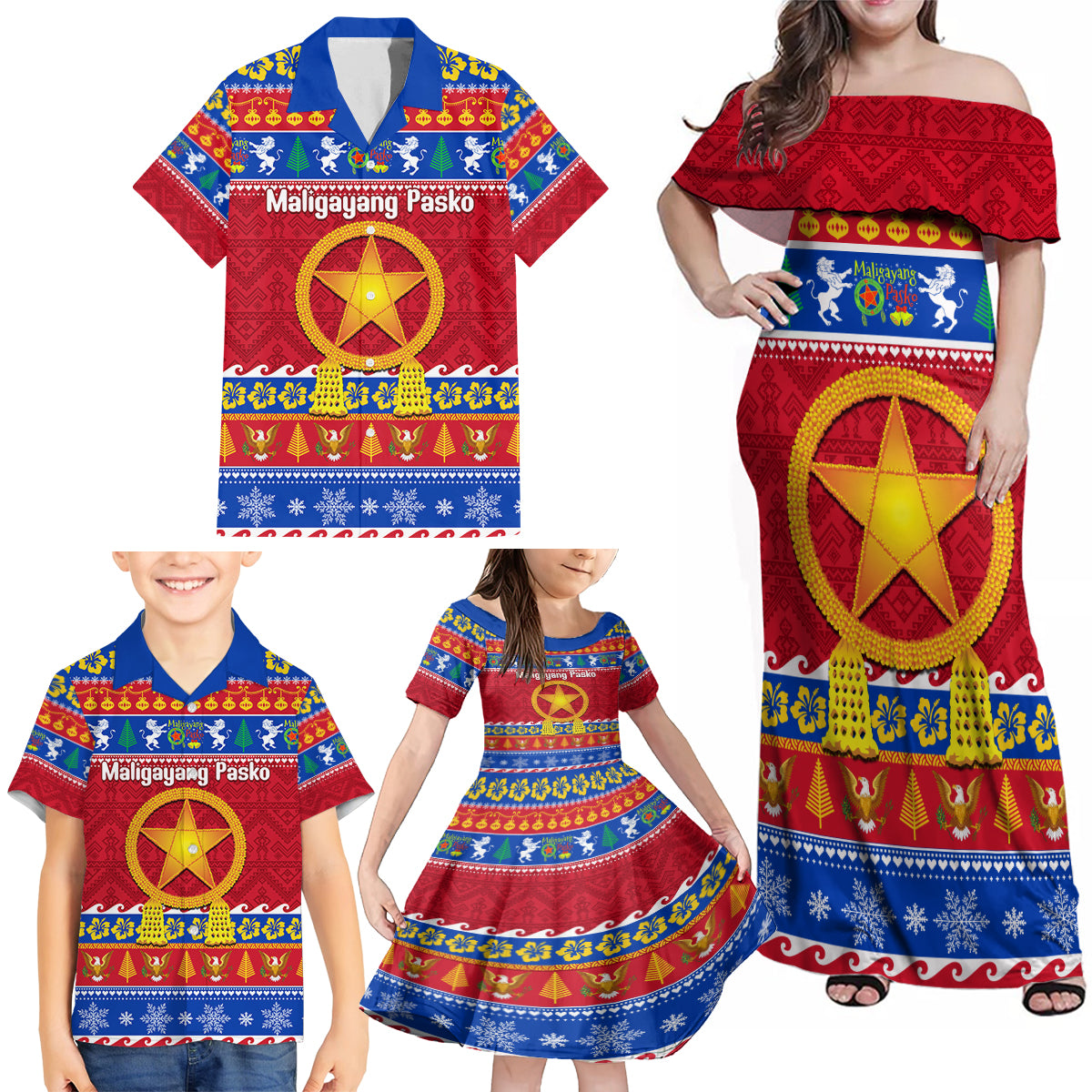 Custom Philippines Christmas Family Matching Off Shoulder Maxi Dress and Hawaiian Shirt Filipino Parol Maligayang Pasko - Wonder Print Shop