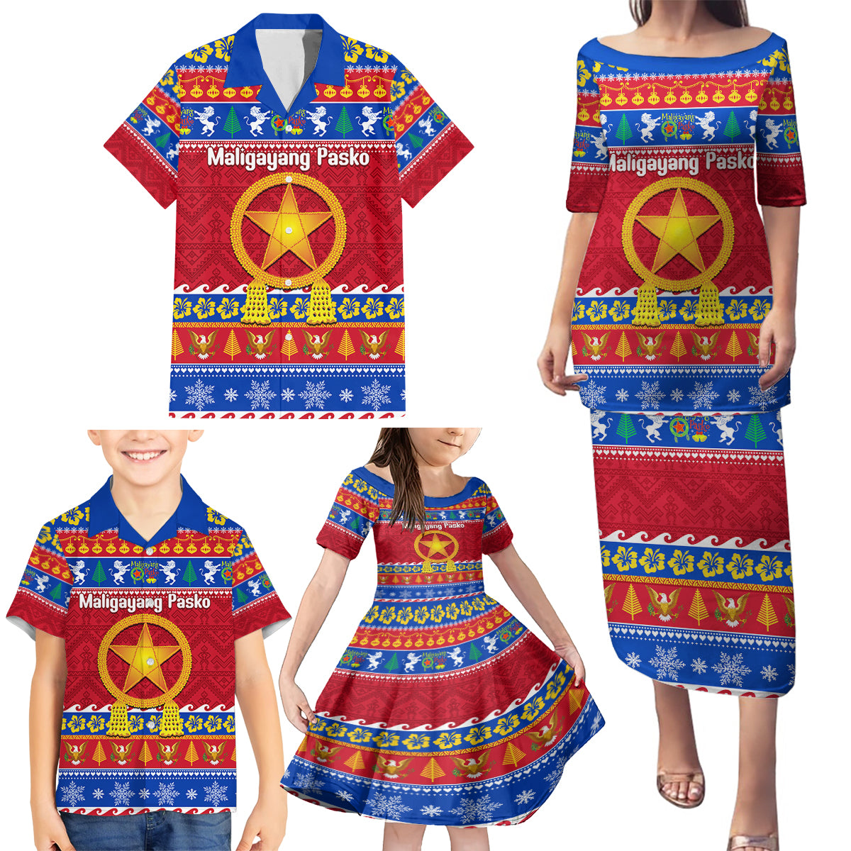 Custom Philippines Christmas Family Matching Puletasi Dress and Hawaiian Shirt Filipino Parol Maligayang Pasko - Wonder Print Shop