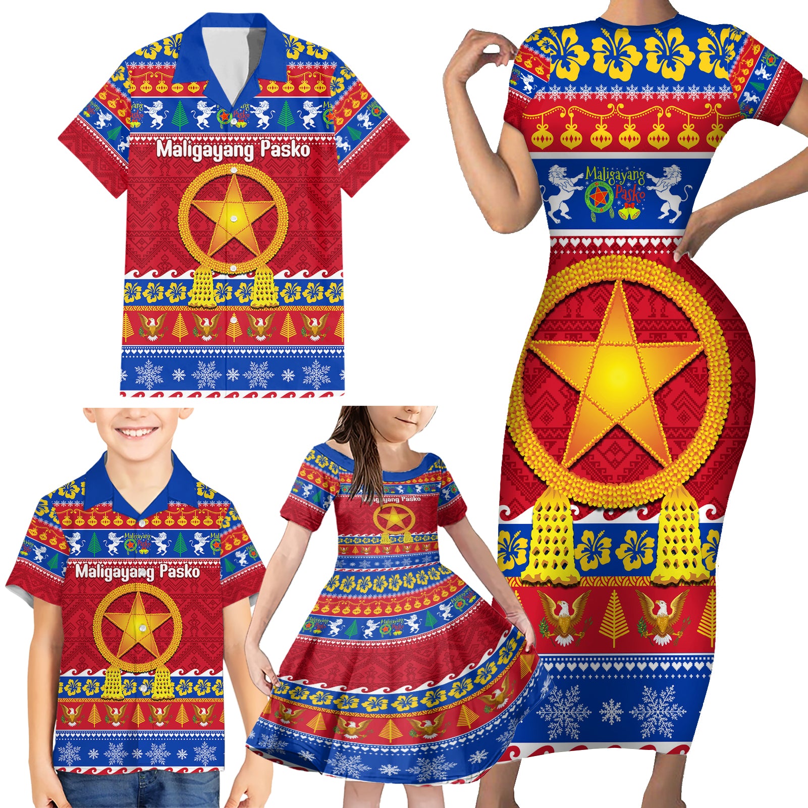 Custom Philippines Christmas Family Matching Short Sleeve Bodycon Dress and Hawaiian Shirt Filipino Parol Maligayang Pasko - Wonder Print Shop