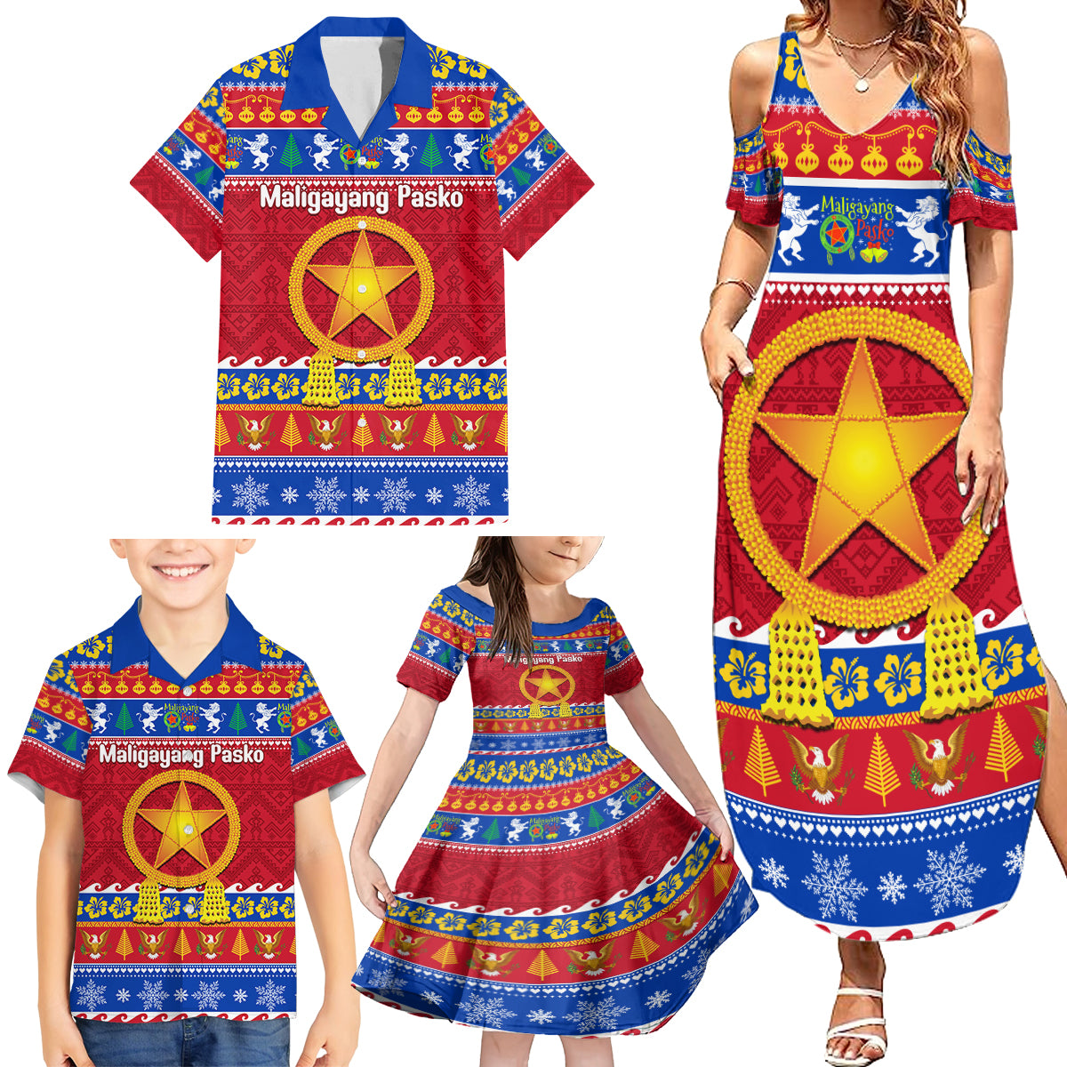 Custom Philippines Christmas Family Matching Summer Maxi Dress and Hawaiian Shirt Filipino Parol Maligayang Pasko - Wonder Print Shop