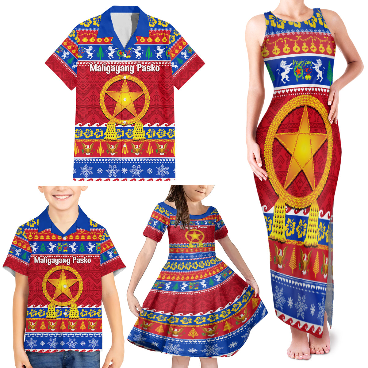 Custom Philippines Christmas Family Matching Tank Maxi Dress and Hawaiian Shirt Filipino Parol Maligayang Pasko - Wonder Print Shop