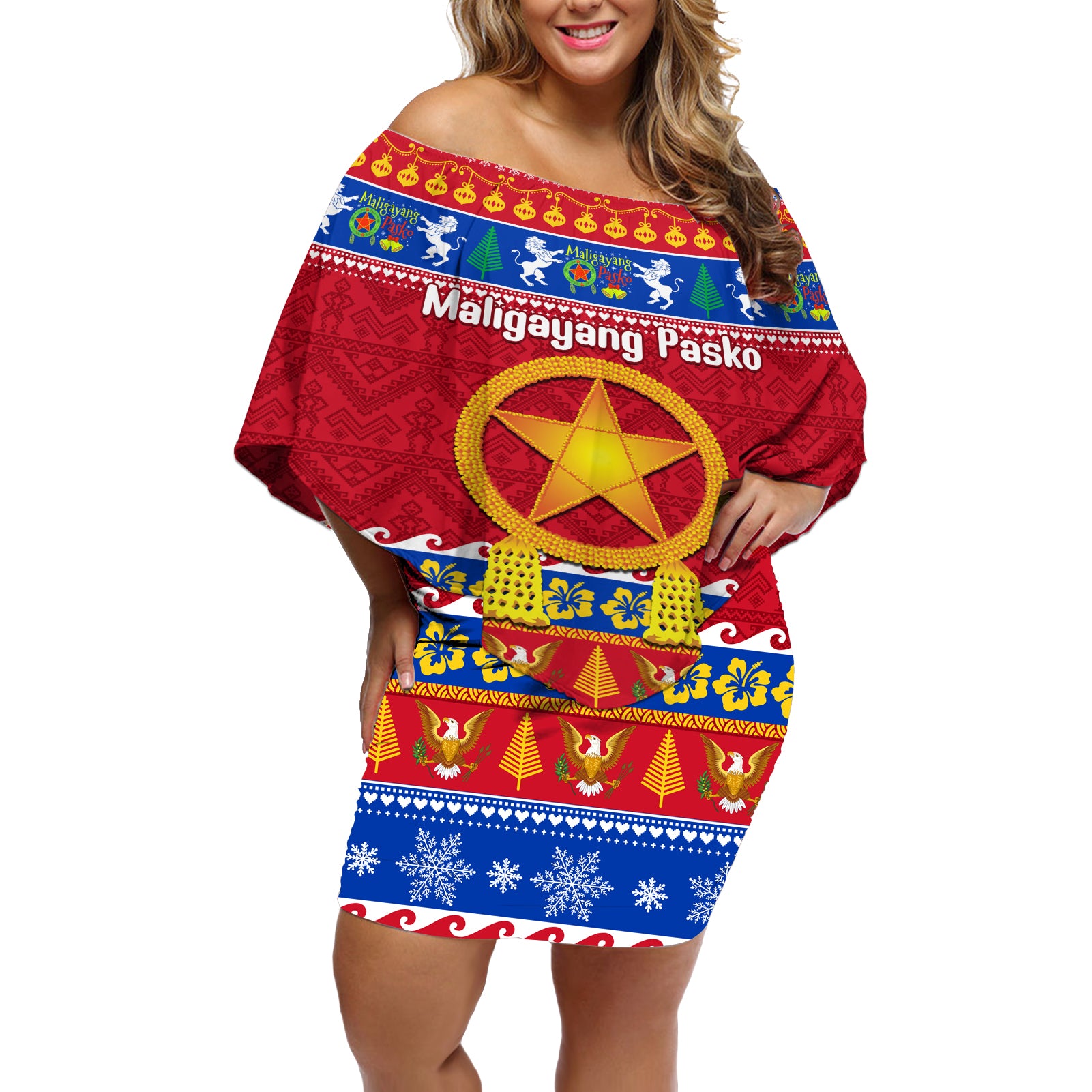 Custom Philippines Christmas Off Shoulder Short Dress Filipino Parol Maligayang Pasko - Wonder Print Shop