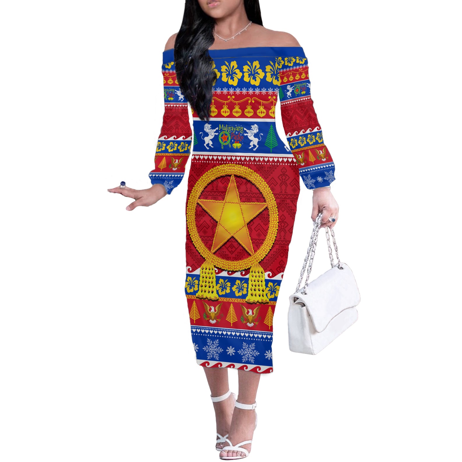 Custom Philippines Christmas Off The Shoulder Long Sleeve Dress Filipino Parol Maligayang Pasko - Wonder Print Shop