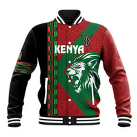 Red, green and black varsity baseball jacket with lion graphic and Kenya print