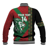 Red, green and black varsity baseball jacket back with lion graphic and number 14
