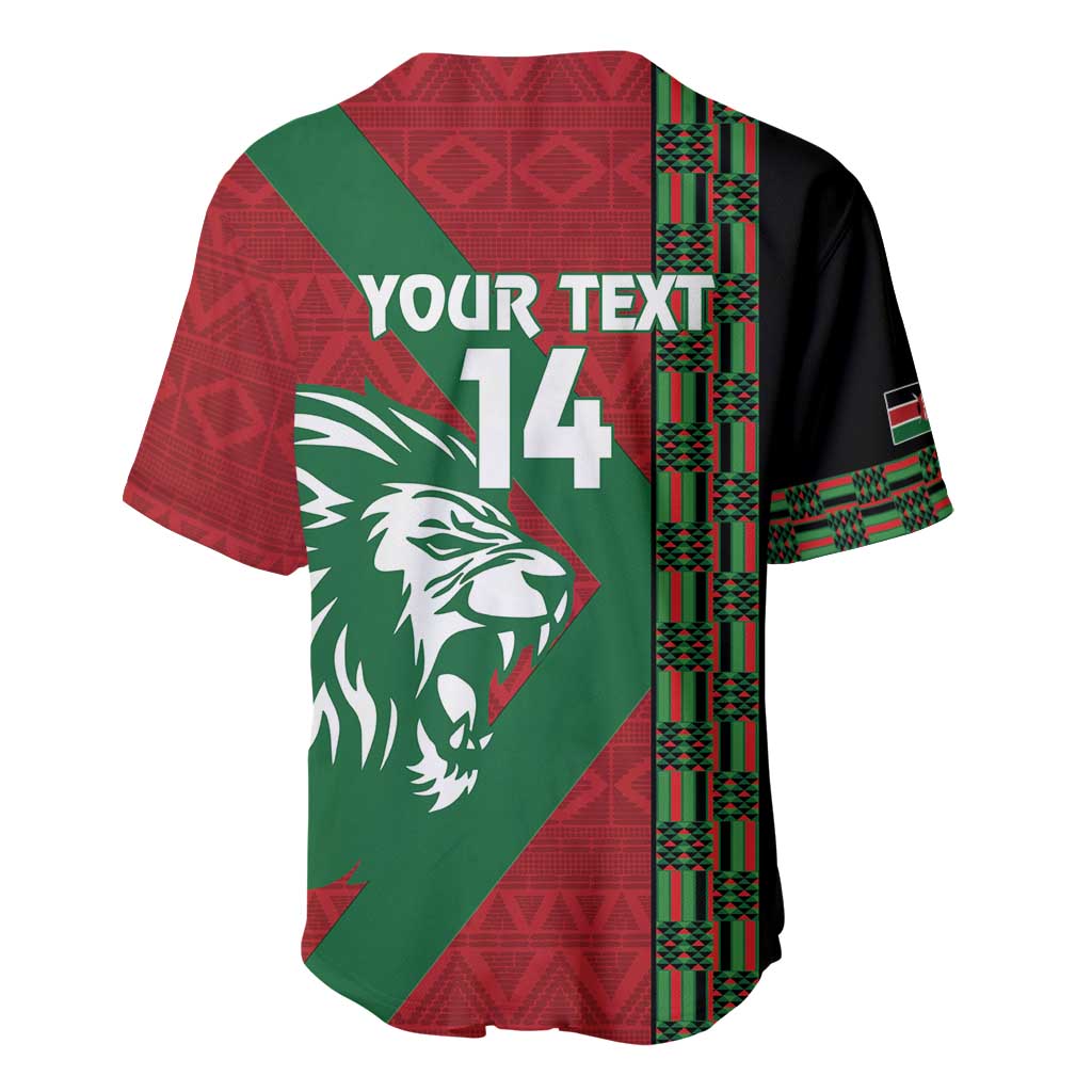 Red and green custom rugby jersey back with lion graphic, 'YOUR TEXT 14', and trim