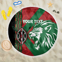 Round fringe-edged beach blanket, green-red lion graphic with “YOUR TEXT”
