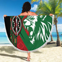 Round fringe-edged beach blanket held open, green-red lion graphic with “YOUR TEXT”