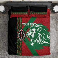 Red, green and black lion bedding set with geometric trim and two matching pillow shams
