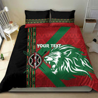 Red, green and black lion bedding set with vertical patterned stripe and two pillow shams