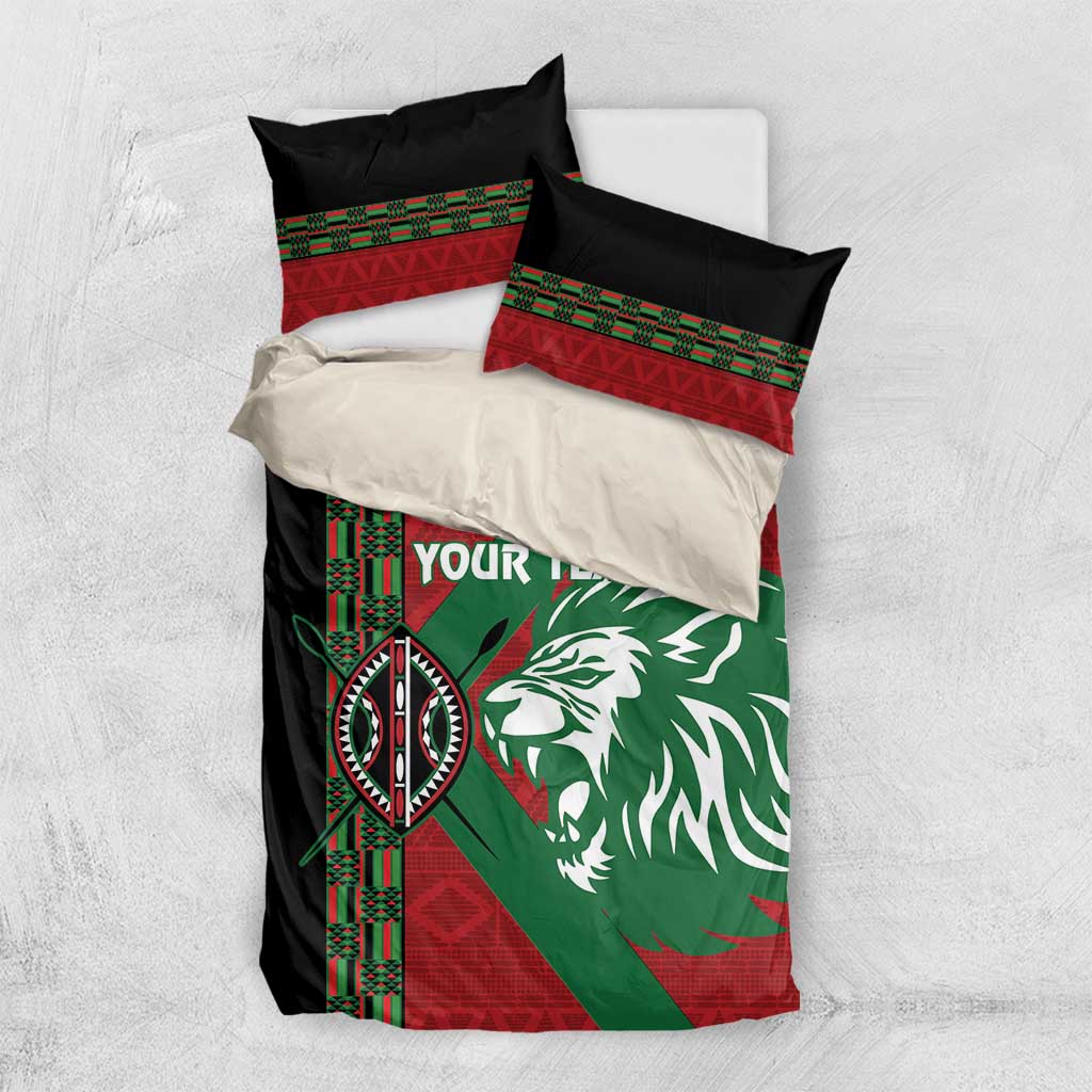 Red, green and black lion duvet set with two pillow shams and custom text panel