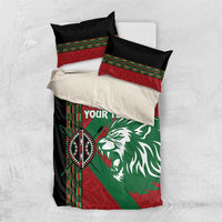 Red, green and black lion duvet set with two pillow shams and custom text panel