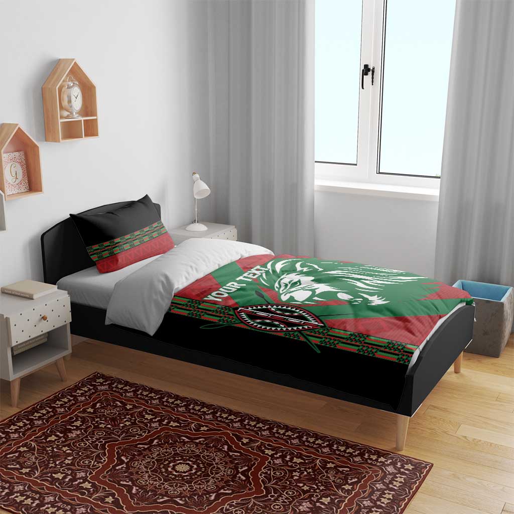 Red and green lion bedding set on bed with black accents, includes duvet and two shams