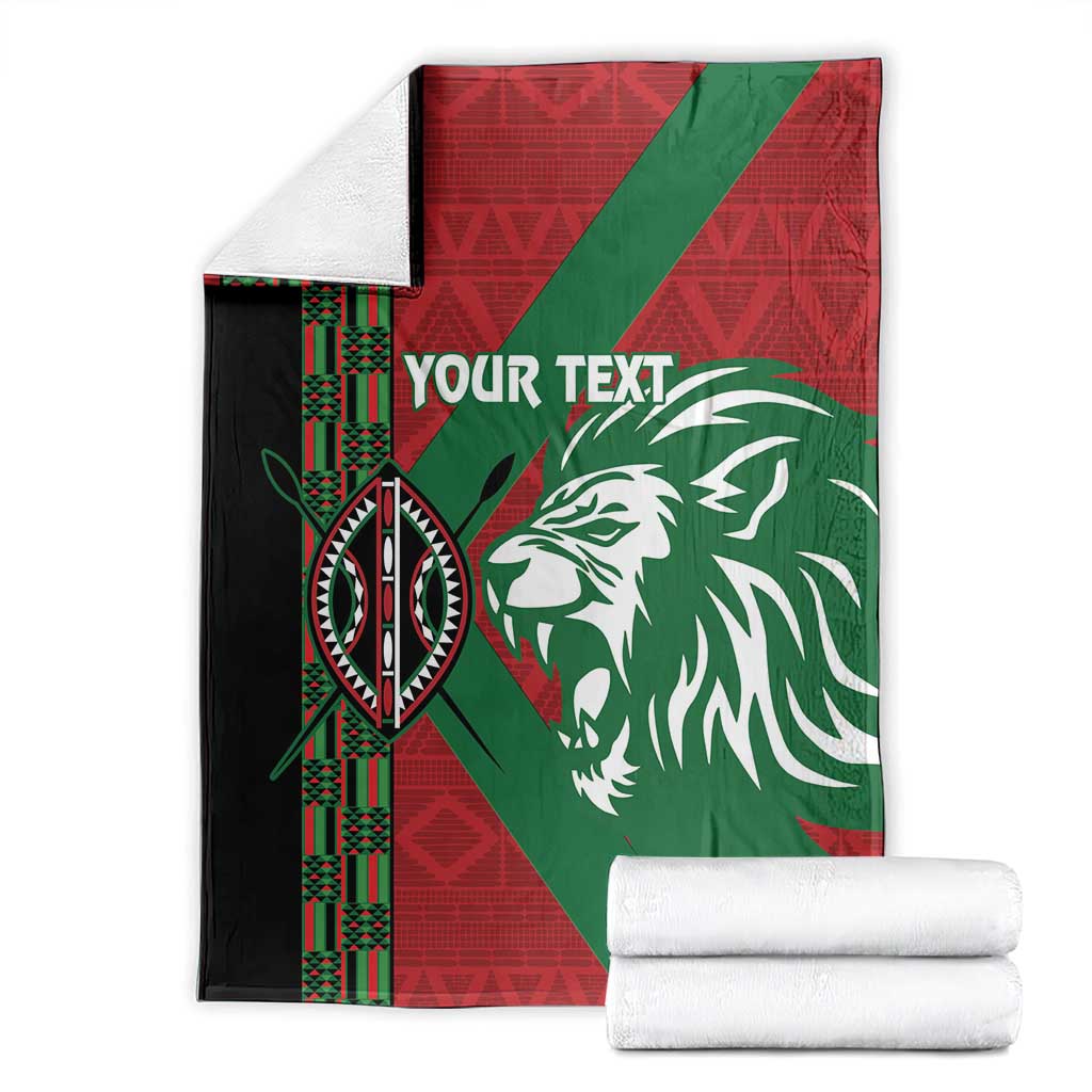Custom blanket with red and green African pattern, lion head print, and “YOUR TEXT”