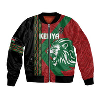 Unisex bomber jacket with front zipper, green-red-black African pattern, lion emblem