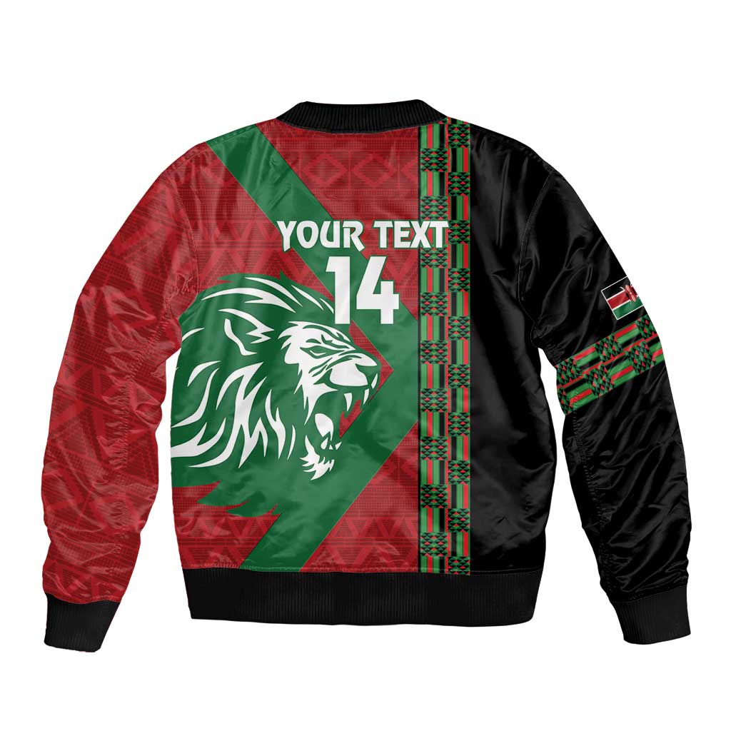 Bomber jacket in red/green/black with lion graphic and "Your text 14"
