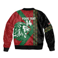 Bomber jacket in red/green/black with lion graphic and "Your text 14"