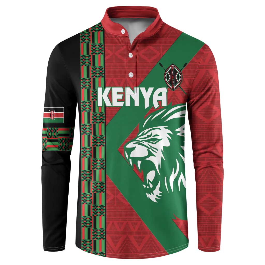 Red rugby button sweatshirt with Kenya print, lion graphic, and green patterned panels
