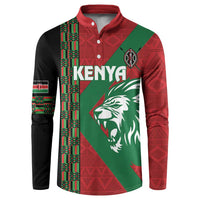 Red rugby button sweatshirt with Kenya print, lion graphic, and green patterned panels