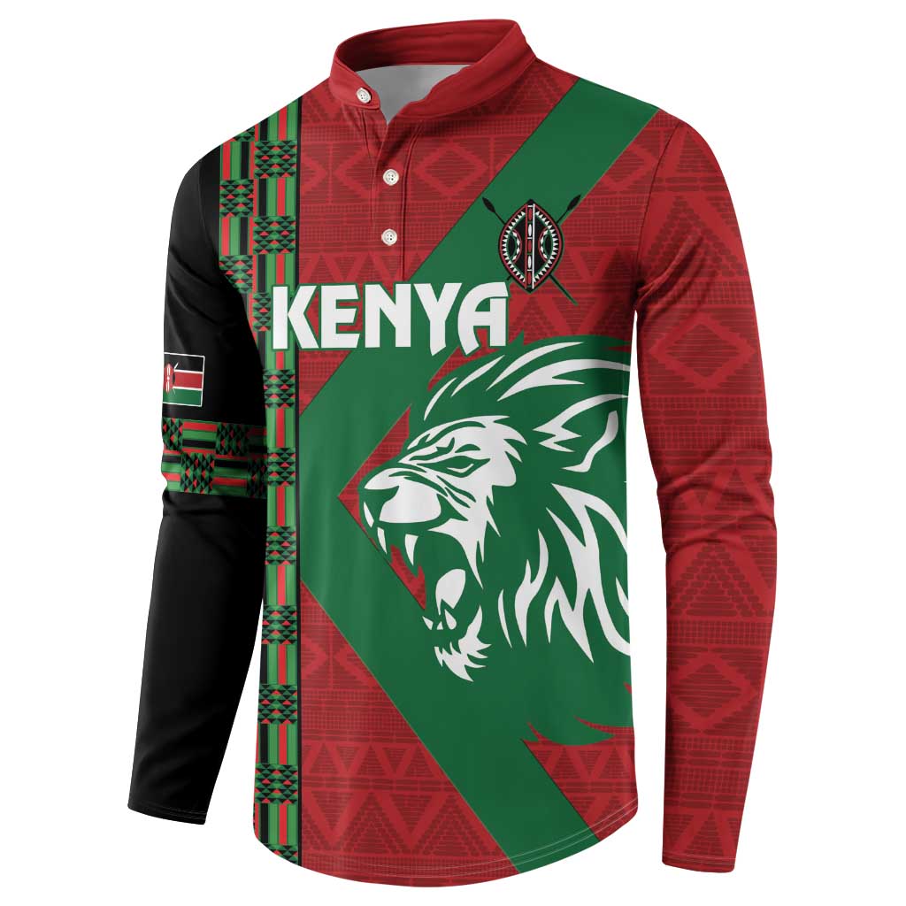 Red button rugby sweatshirt with Kenya lettering, lion head logo, and geometric trim
