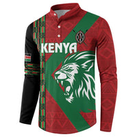 Red button rugby sweatshirt with Kenya lettering, lion head logo, and geometric trim