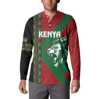 Red button rugby sweatshirt with Kenya print, lion head logo, and patterned side stripes