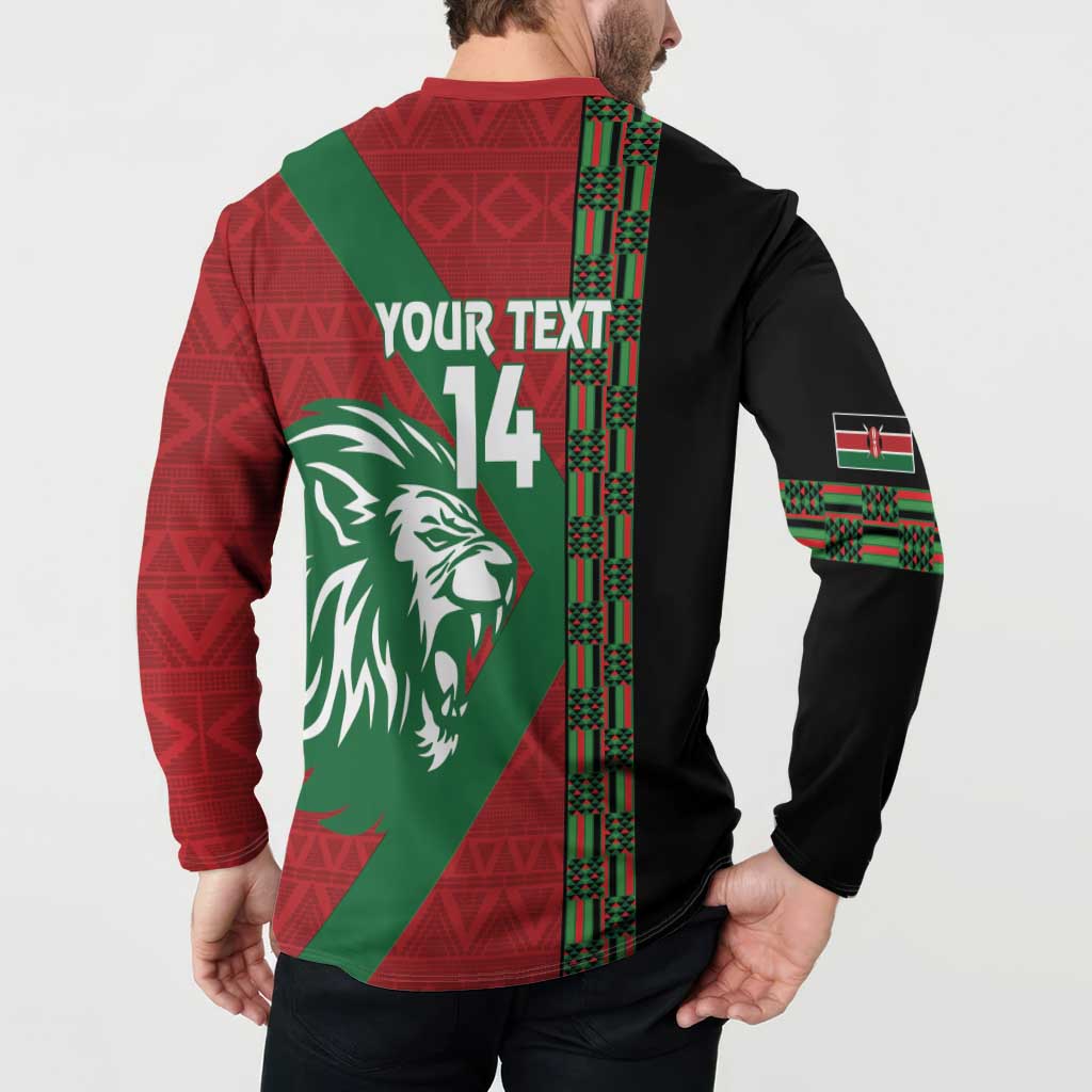 Back red button rugby sweatshirt with YOUR TEXT 14, lion graphic, and stripe cuffs