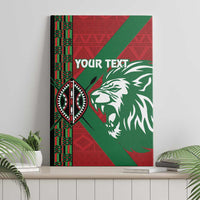 Framed canvas wall art with lion head, red-green tribal pattern, black border, 'YOUR TEXT'