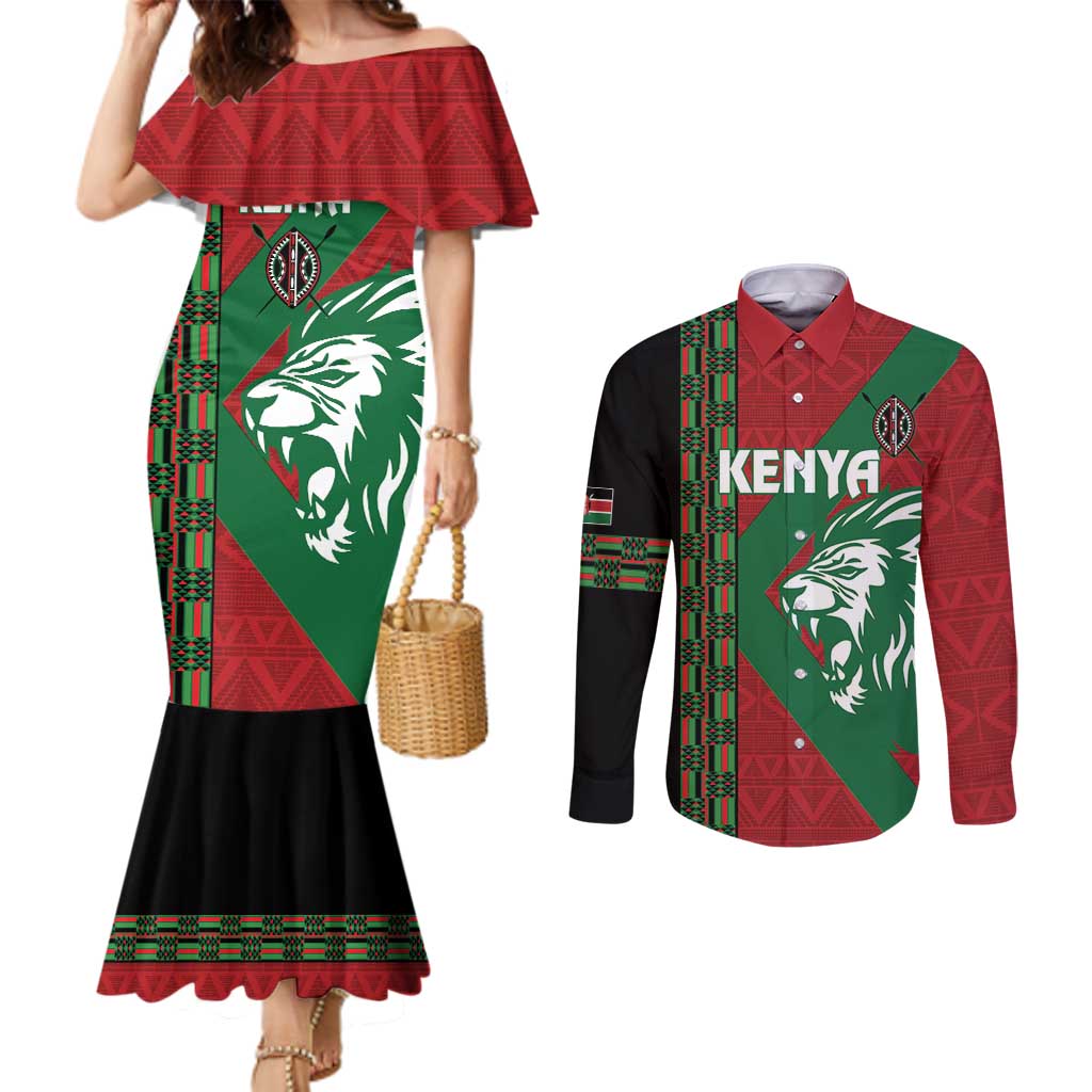 Kenya Rugby Custom Couples Matching Mermaid Dress and Long Sleeve Button Shirt Go Lionesses - African Pattern