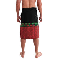 Wrap-front lavalava skirt with black top and red-green patterned lower panel
