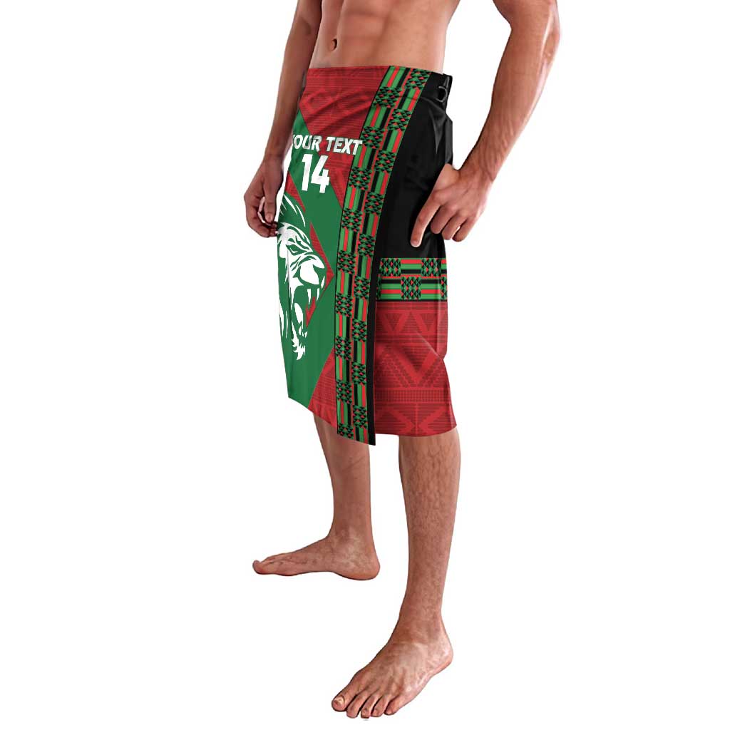 Lavalava skirt with vertical green and red tribal stripes over black side panels
