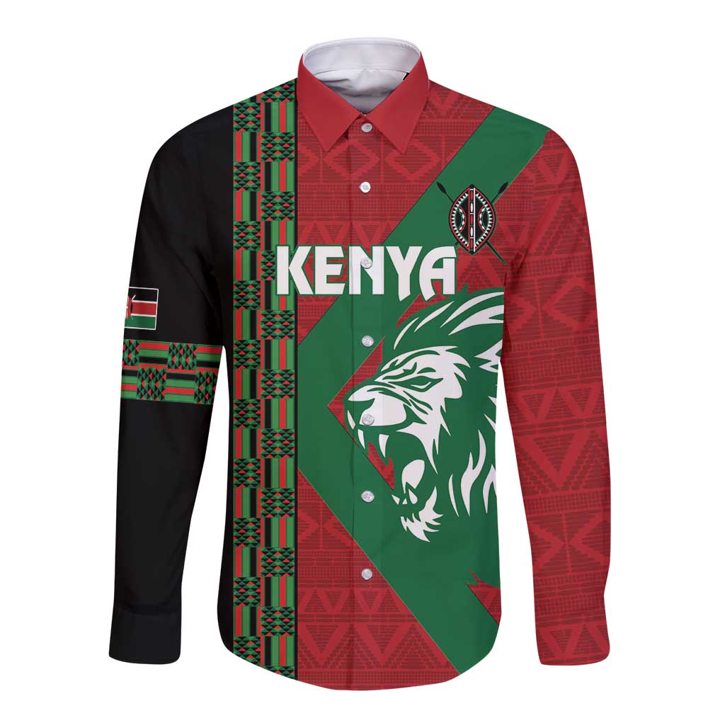 Red long-sleeve rugby button shirt, green panel, black sleeves, Kenya lion emblem