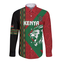Red long-sleeve rugby button shirt, green panel, black sleeves, Kenya lion emblem