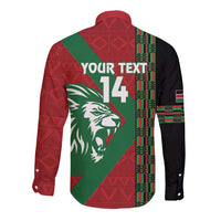 Red long-sleeve rugby button shirt, green lion graphic, YOUR TEXT 14, black contrast sleeves