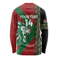 Long-sleeve rugby shirt back with 'YOUR TEXT' 14, lion graphic, green/red and black sleeves