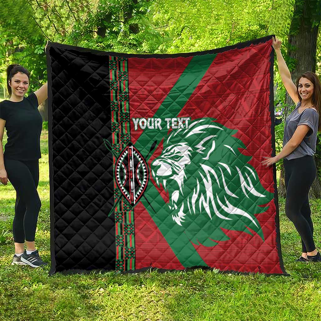 Red, green and black Africa-style quilt with lion emblem, vertical patterned trim, diamond quilting