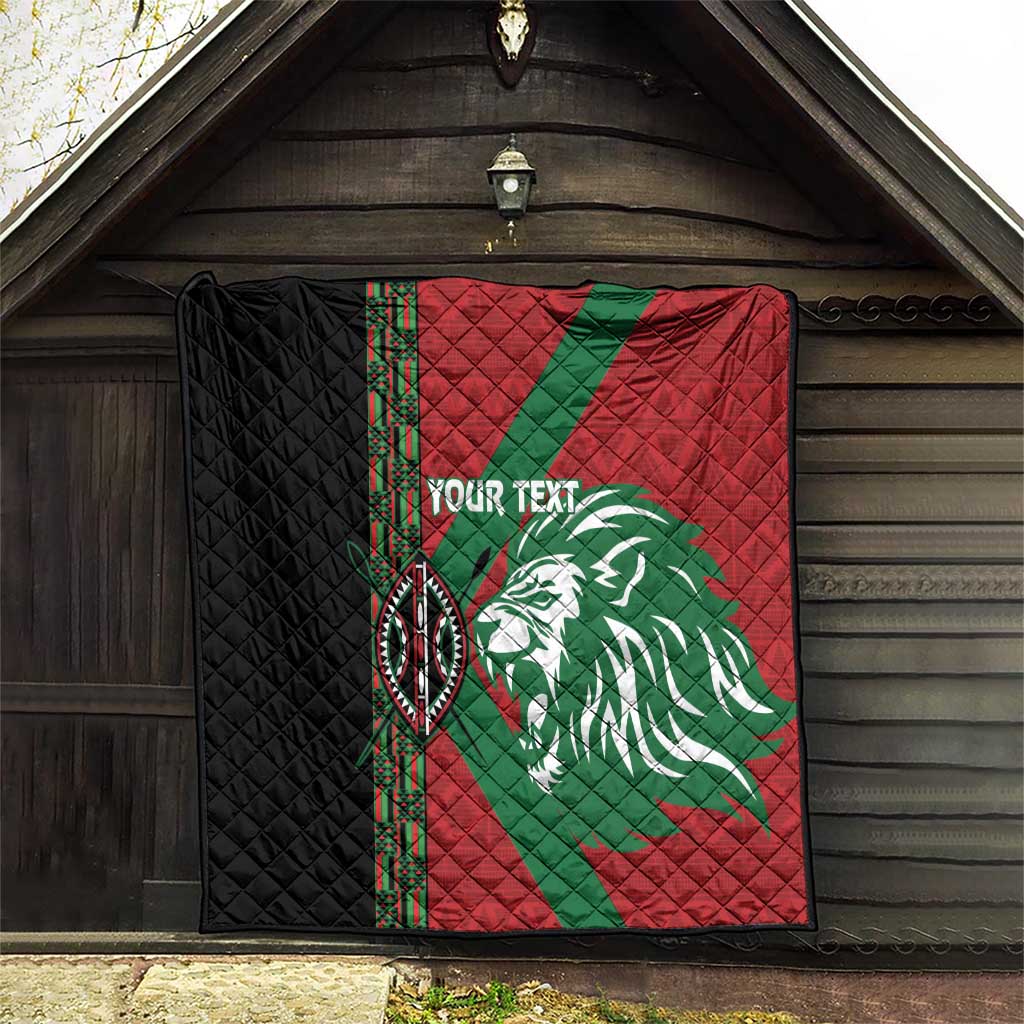 Red, green and black quilt with lion emblem and patterned vertical stripe, diamond quilting