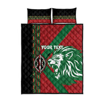 Quilt bed set with two black pillow covers and red-green lion design