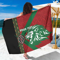 Custom rugby sarong with red, green and black African pattern and lion graphic