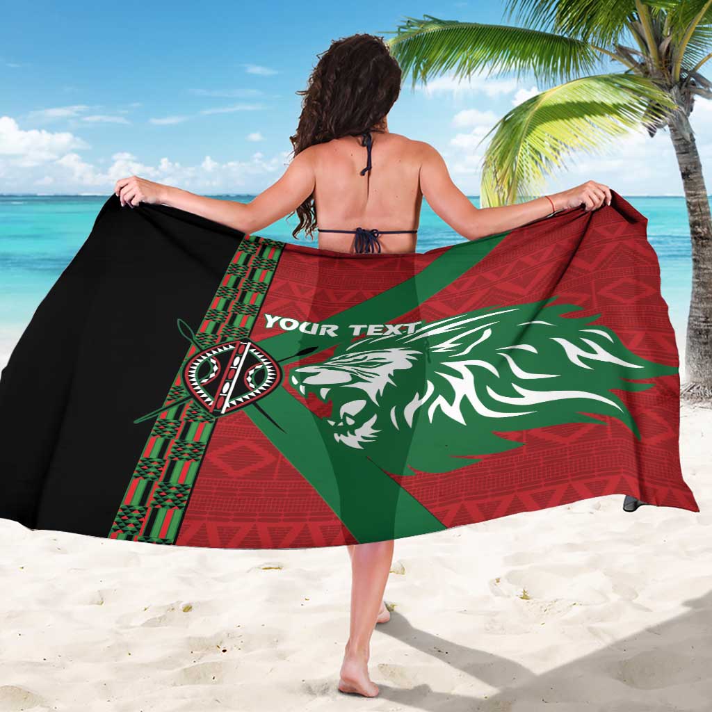 Custom sarong with red-and-green African pattern, lion head graphic and custom text