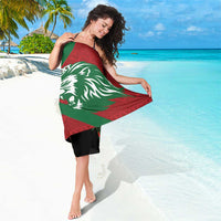 Lion graphic custom sarong in red and green with patterned stripe detail