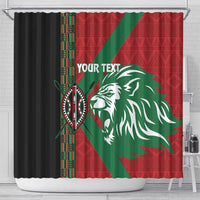 Shower curtain with red/green/black panels, 'YOUR TEXT' banner and lion head graphic