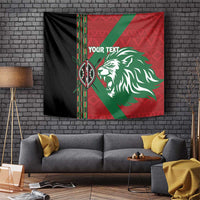 Custom wall tapestry with black, red, and green African pattern; lion head and "YOUR TEXT".