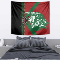 Custom tapestry featuring black, red, and green diagonal pattern, tribal stripe, lion head, "YOUR TEXT".