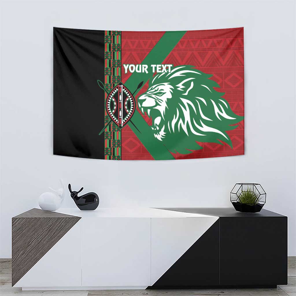 African pattern custom tapestry with black and red fabric, green accent stripe, lion head, "YOUR TEXT".