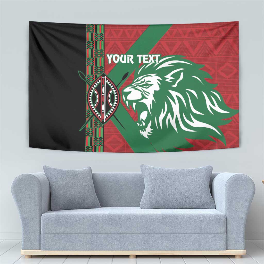 Custom wall tapestry in black, red, and green with lion head emblem and "YOUR TEXT" placeholder.