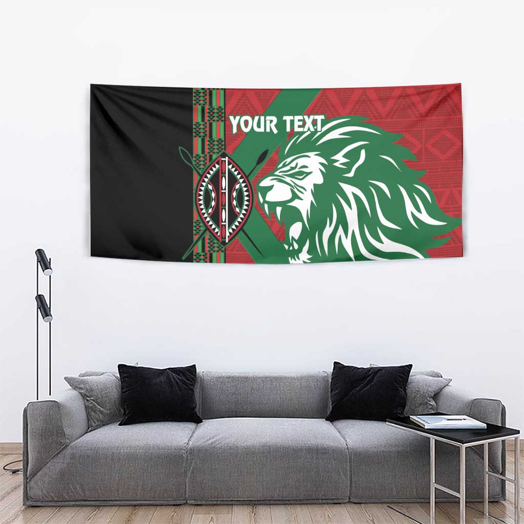 Custom tapestry showing black side panel, red geometric background, green banner stripe, lion head, "YOUR TEXT".