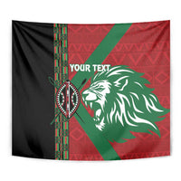 Close-up custom tapestry with lion head graphic, green stripe, tribal vertical band, and "YOUR TEXT".