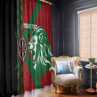 Kenya rugby window curtains in red and green with lion head graphic and black vertical panel
